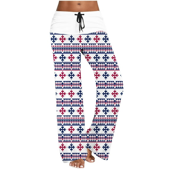 Enjoytime Women Pants Christmas Printed High Waisted Straight Leg Casual Trousers with Drawstring Fall Winter Fashion Comfy Pants Blue M