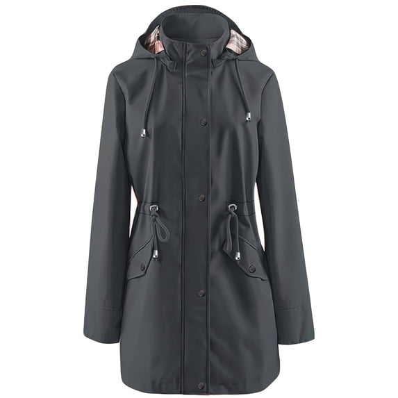 Enjoytime Women Rain Jacket Solid Color Waterproof Windproof Hooded Raincoat Casual Travel Outdoor Womens Trench Coat Plus Size Clothes