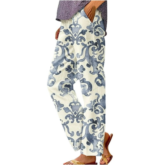 Enjoytime Women'S Casual Pants with Pockets Fashion Floral Print Beach Pants Elastic Waisted Loose Fit Wide Leg Pants for Women Plus Size