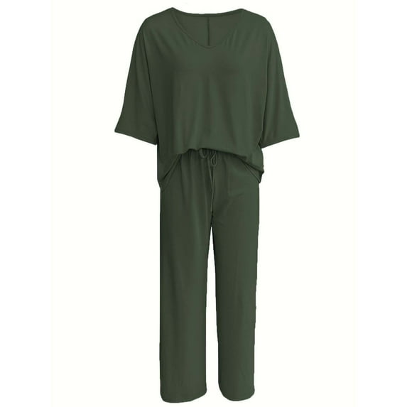 Enjoytime Women Sets 2 Piece Outfits Solid Color V-Neck Short Sleeve Tops Wide Leg Pants Loungewear Business Work Casual Plus Size Clothing Army Green XXXL