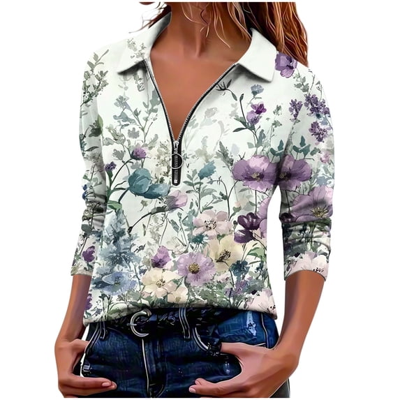 Enjoytime Women Shirts Collared Long Sleeve Half Zip Pullover Tops Fall Fashion Printed Business Casual Blouse