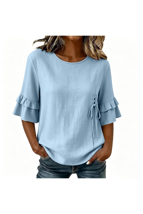 Enjoytime Women Shirts Crew Neck Lace Up Ruffle Half Sleeve Tops Vacation Casual Trendy Blouses