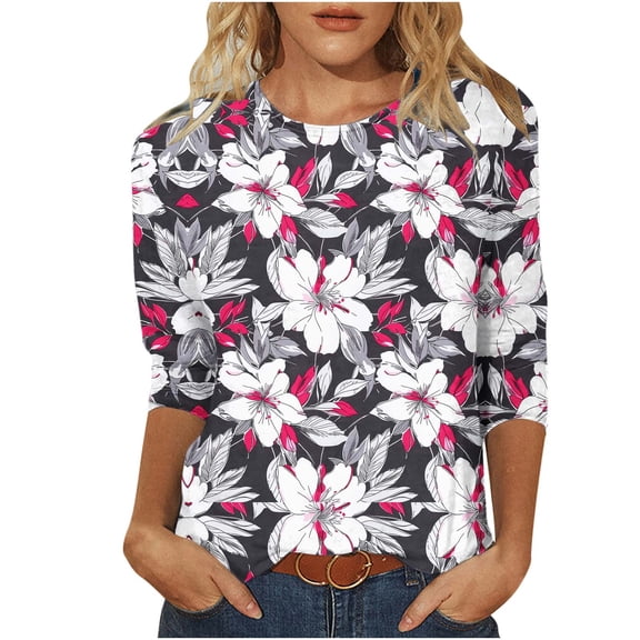 Enjoytime Women Shirts Floral Printed Round Neck 3/4 Sleeve Tops Summer Beach Vacation Casual Plus Size Women Blouses 2026 Brown XXL