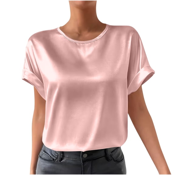 Enjoytime Women Shirts Solid Color Crewneck Short Sleeve Satin Blouse Fashion Business Casual Summer Tops Pink S