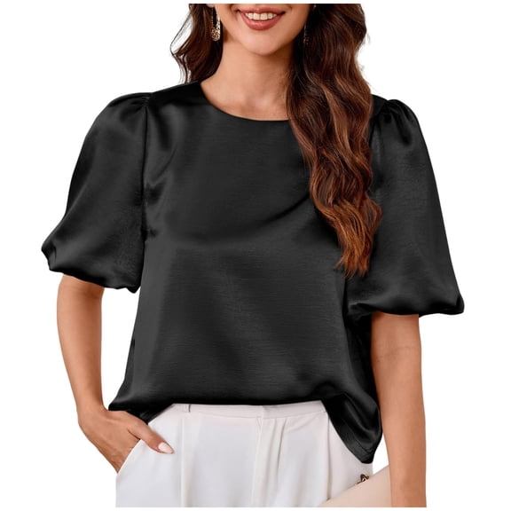 Enjoytime Women Shirts Solid Color Round Neck Short Sleeve Tops Spring Summer Trendy Business Casual Blouses Black M