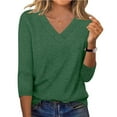 thumbnail image 1 of Enjoytime Women Shirts Solid Color V-Neck 3/4 Sleeve Basic Tops Spring Summer Trendy Business Casual Blouses Army Green L, 1 of 8