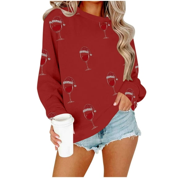 Enjoytime Women Sweatshirt Christmas Printed Crewneck Long Sleeve Tops Fall Winter Casual Pullover Sweatshirts Wine L