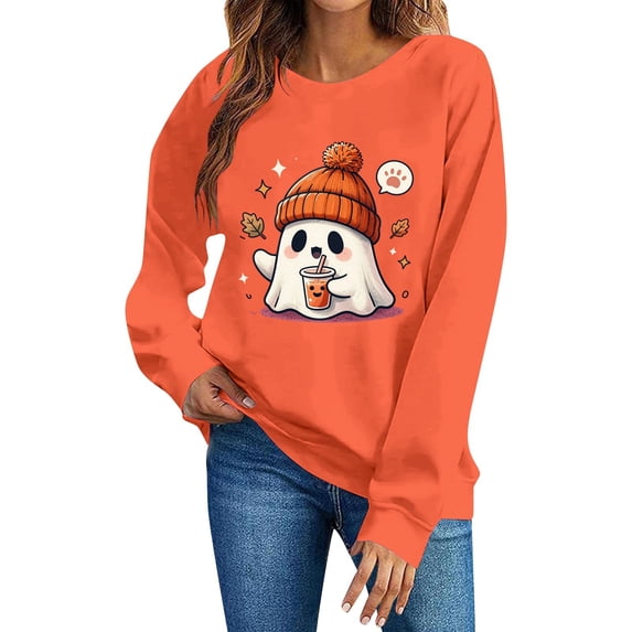 Enjoytime Women Sweatshirt Halloween Cute Ghost Graphic Pullover Crew Neck Sweatshirts Fall Casual Long Sleeve Tops