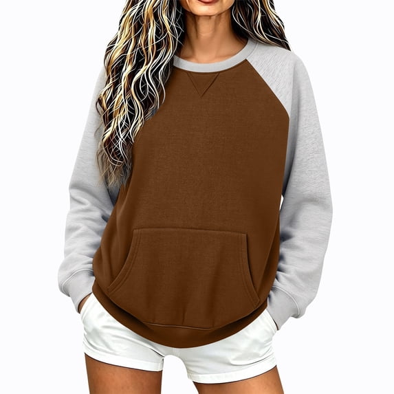 Enjoytime Women Sweatshirt Patchwork Long Sleeve Pullover Tops Fall Winter Fleece Casual Crew Neck Sweatshirts with Pockets