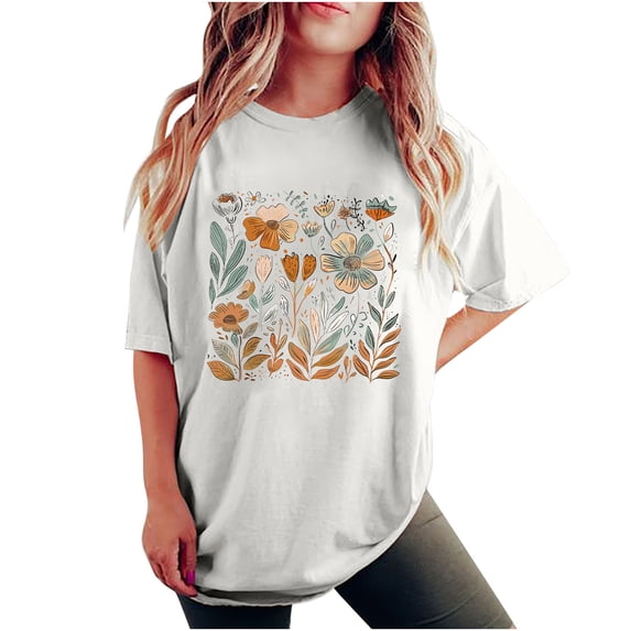 Enjoytime Women Top Summer Clothing 2025 Cute Floral Graphic Printed Loose Tees Tops Crew Neck Short Drop Sleeve Casual Women Tshirt