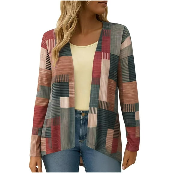 Enjoytime Women Tops Fashion Patchwork Long Sleeve Open Front Cardigan Trendy Casual Lightweight Plus Size Blouses Hot Pink L