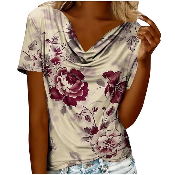 Enjoytime Women Tops Floral Printed Pile Collar Short Sleeve Blouses 2026 Summer Fashion Casual Vacation Shirts Khaki M