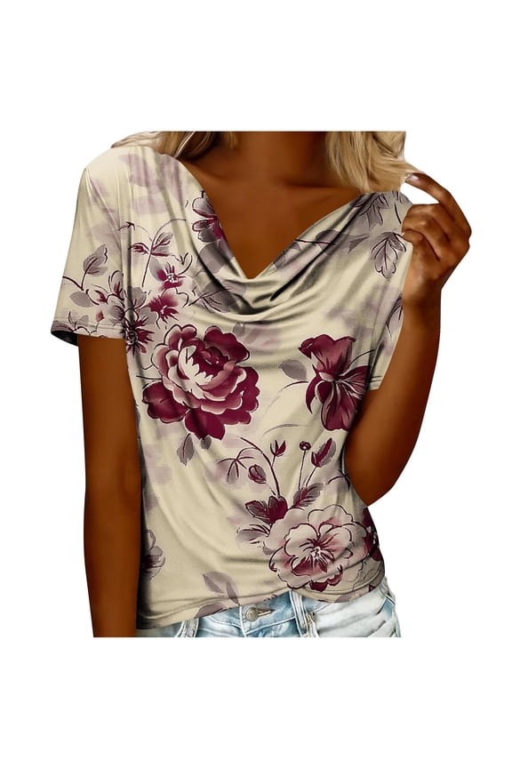 Women Tops Floral Printed Pile Collar Short Sleeve Blouses 2026 Summer Fashion Casual Vacation Shirts Khaki XXL