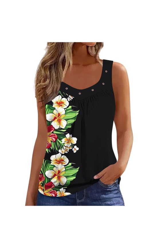 Women Tops Floral Printed Sleeveless Crewneck Casual Shirts Summer Spring Trendy Beach Vacation Plus Size Fashion Blouse Green XXL