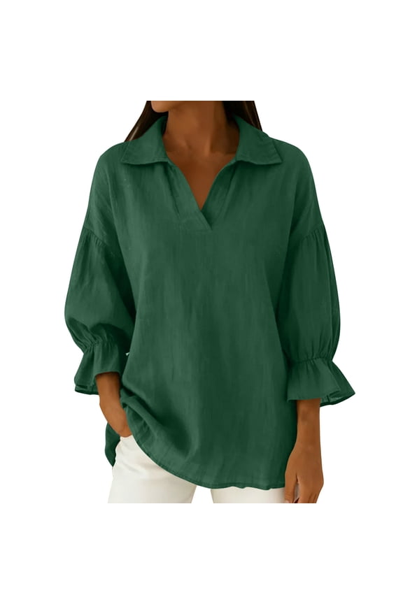 Women Tops Solid Color Turndown Collar Puffed 3/4 Sleeve Shirts Spring Dressy Business Casual Blouse Army Green L