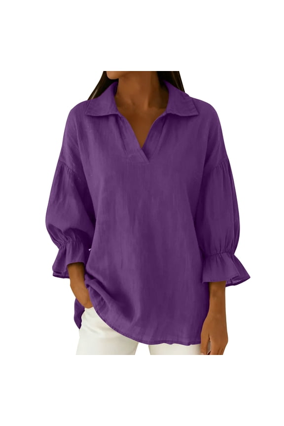 Women Tops Solid Color Turndown Collar Puffed 3/4 Sleeve Shirts Spring Dressy Business Casual Blouse Purple S