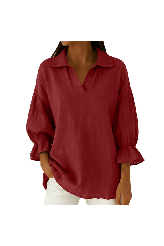 Women Tops Solid Color Turndown Collar Puffed 3/4 Sleeve Shirts Spring Dressy Business Casual Blouse Wine L