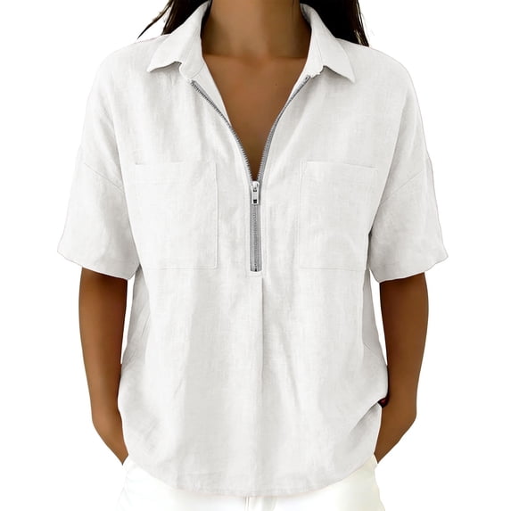 Enjoytime Women Tops V Neck Collared Half Zip Up Short Sleeve Shirts Summer Casual Work Blouses