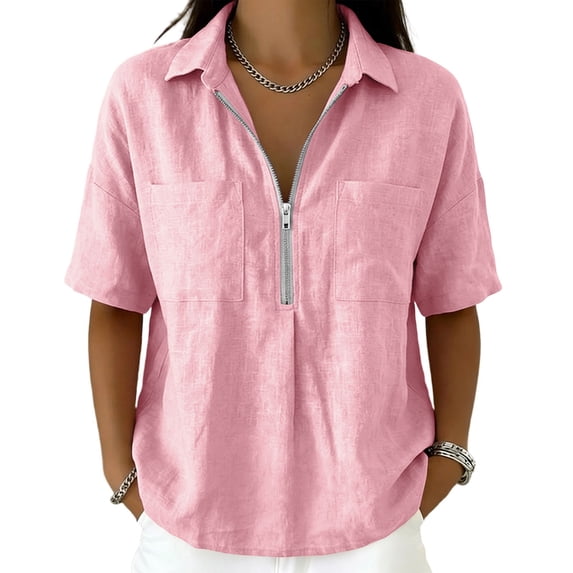 Enjoytime Women Tops V Neck Collared Half Zip Up Short Sleeve Shirts Summer Casual Work Blouses