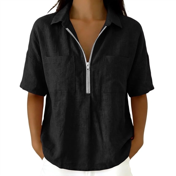 Enjoytime Women Tops V Neck Collared Half Zip Up Short Sleeve Shirts Summer Casual Work Blouses