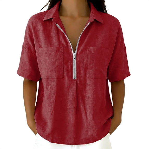 Enjoytime Women Tops V Neck Collared Half Zip Up Short Sleeve Shirts Summer Casual Work Blouses