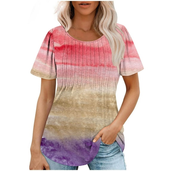 Enjoytime Women Tshirt Fashion Color Block Short Sleeved Round Neck Top Loose Comfy Soft Women's Casual Tops