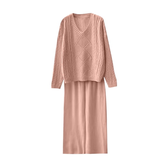 Enjoytime Women Two Piece Outfits Sets Winter Solid Color V-Neck Long Sleeve Blouses Loose Pants Loungewear Travel Fashion Outfit 2025