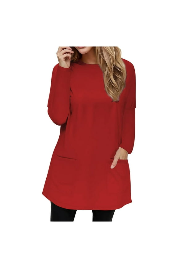 Women's 2025 Tops Plus Size Long Sleeve Shirts with Pockets Cute Crewneck Solid Color Loose Fit Tunic Tees Blouses Tops