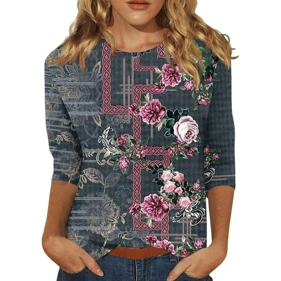 Enjoytime Women's 3/4 Sleeve Blouses Vintage Floral Print Shirt Casual Crewneck Pullover Tunic Tops Womens Clothing