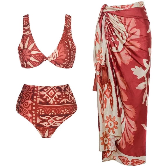 Enjoytime Women's 3 Piece Swimsuits Vintage Printed High Cut Bathing Suit Modest 2 Piece Bikini Set with Cover Up Beach Skirt Sarong