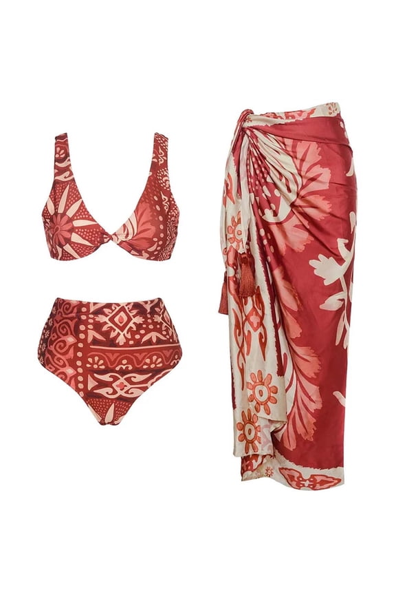 Women's 3 Piece Swimsuits Vintage Printed High Cut Bathing Suit Modest 2 Piece Bikini Set with Cover Up Beach Skirt Sarong