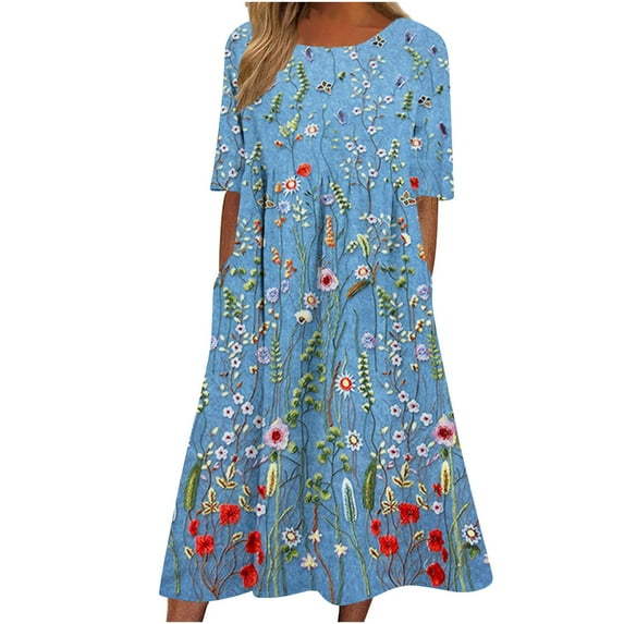 Summer Savings Clearance! Enjoytime Women's Beach Dress Outfit 2024 Plus Size Fashion Flower Printed Crewneck Dress Ruffle Short Sleeve Vacation Women Flowy Comfy Dresses