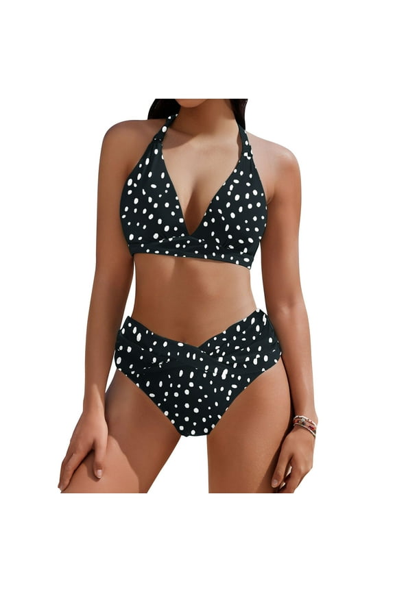 Women's Bikini Sets Two Piece Swimsuit High Waisted Bathing Suit V Neck Halter Adjustable Swim Top with Bottom Women's Swimwear