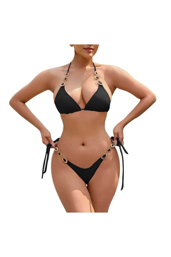 Women's Bikini Swimsuits Solid Color High Waisted Tie Side 2 Piece Swimsuit Adjustable High Cut Bathing Suit Modest Strap Swimwear