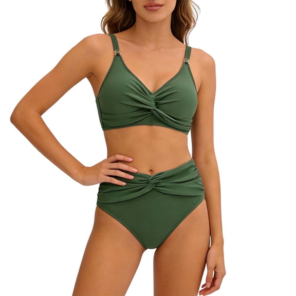 Enjoytime Women's Bikini Swimsuits Solid Color High Waisted Tummy Control Two Piece Swimsuit High Cut Modest Swimsuits