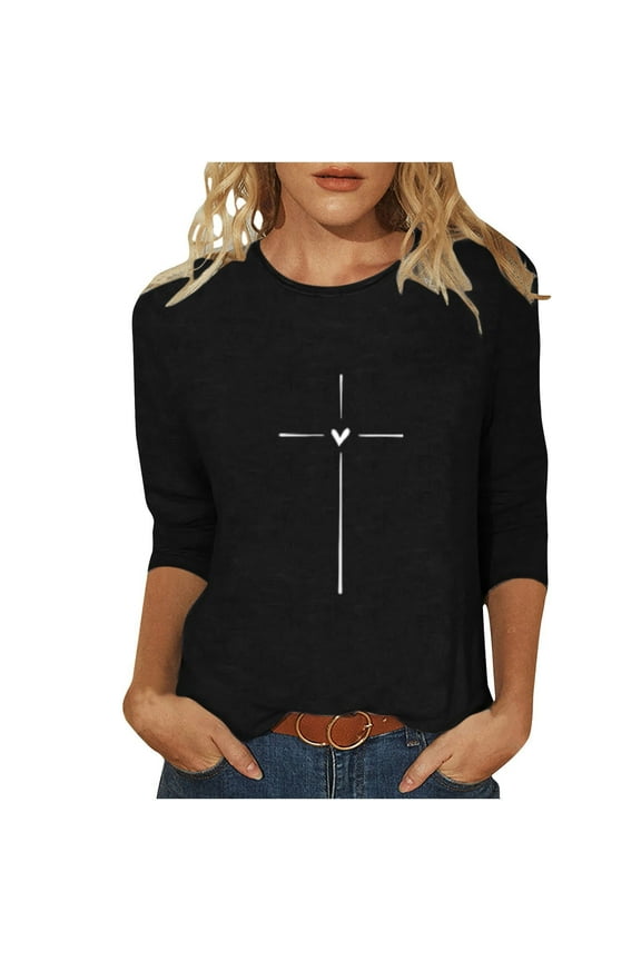 Women's Blouses Clothes Trendy Print 3/4 Sleeve Round Neck Tee Shirts Tops Loose Fit Fashion Womens Tops Casual