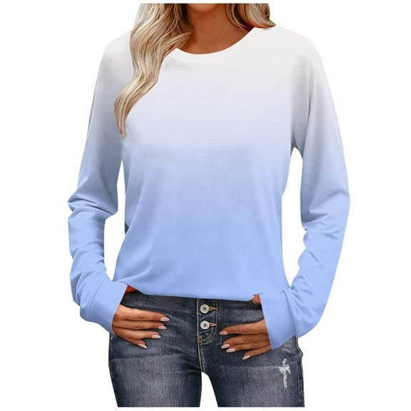 Enjoytime Women's Blouses Fashion Gradient Crewneck Long Sleeve Shirts Lightweight Trendy Business Casual Tops Blue S