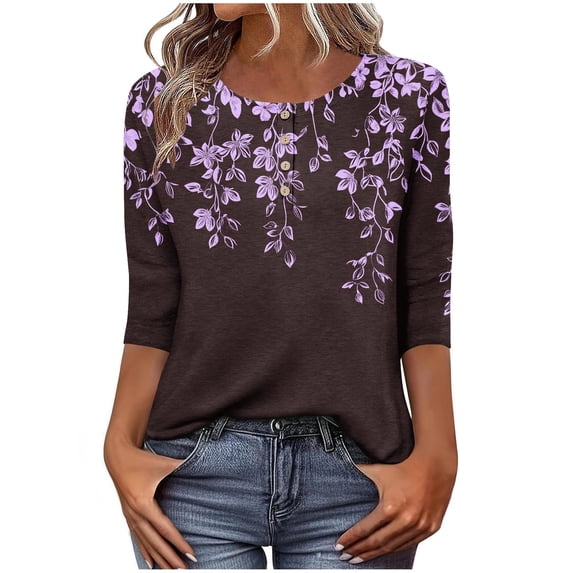 Enjoytime Women's Blouses Floral Printed Crewneck 3/4 Sleeve Button Down Shirt Spring Summer Trendy Business Casual Tops
