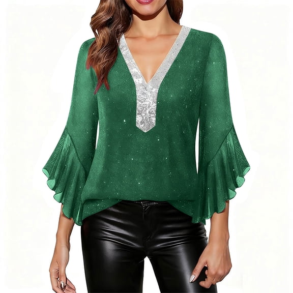 Enjoytime Women's Blouses Patchwork V-Neck Ruffles 3/4 Sleeve Sparkly Tops Party Gathering Elegant Flowy Trendy Shirt Green L