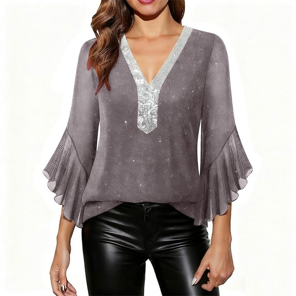 Enjoytime Women's Blouses Patchwork V-Neck Ruffles 3/4 Sleeve Sparkly Tops Party Gathering Elegant Flowy Trendy Shirt Silver M