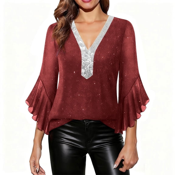 Enjoytime Women's Blouses Patchwork V-Neck Ruffles 3/4 Sleeve Sparkly Tops Party Gathering Elegant Flowy Trendy Shirt Wine L