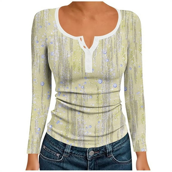 Enjoytime Women's Blouses Printed V-Neck Button Down Long Sleeve Shirt Fall Winter Fashion Business Casual Tops Yellow L