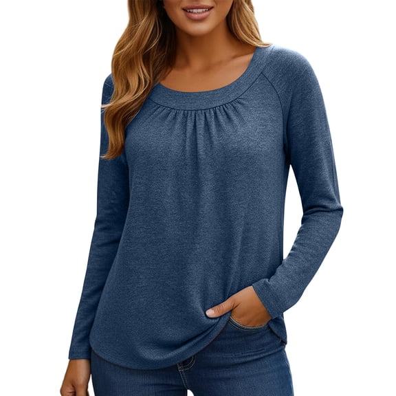 Enjoytime Women's Blouses Solid Color Crewneck Long Sleeve Tops Business Casual Fashion Plus Size Women Blouses Blue XXL