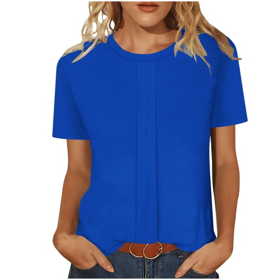Enjoytime Women's Blouses Solid Color Dressy Business Casual Shirts Trendy Round Neck Pleated Short Sleeve Tops Dark Blue L