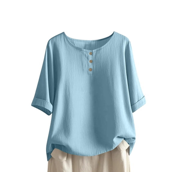 Enjoytime Women's Blouses Solid Color Round Neck Button Down Shirts Fashion Business Casual Short Sleeve Tops Light Blue M