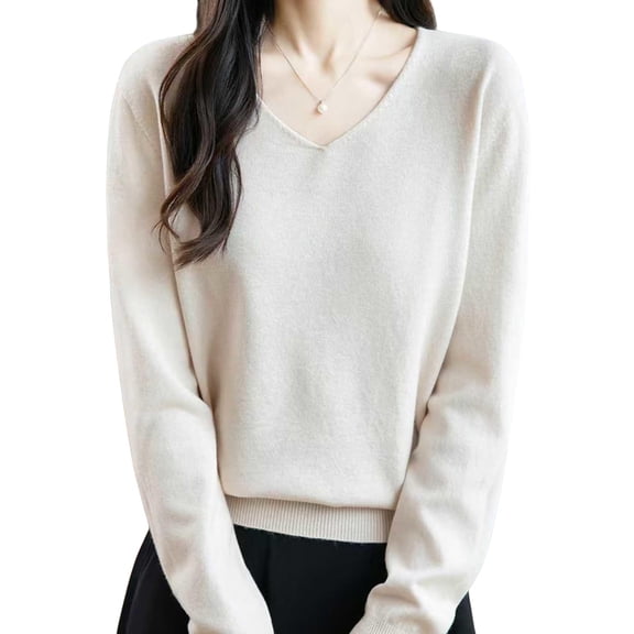 Enjoytime Women's Blouses Solid Color V-Neck Base Knitted Sweater Casual Trendy Tops Fashion Long Sleeve Shirt Beige L