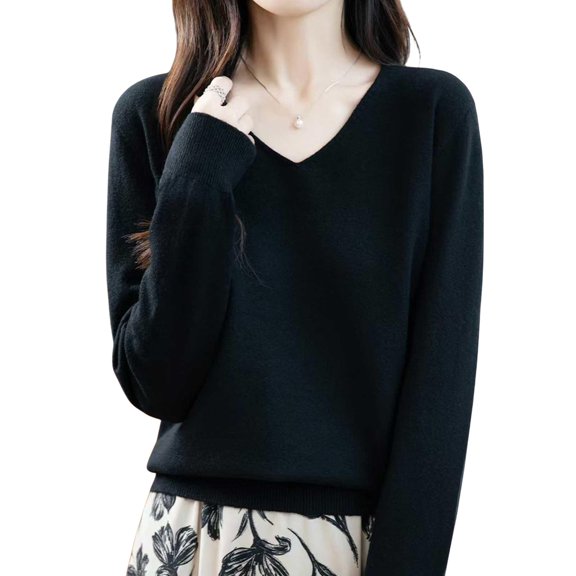 Enjoytime Women's Blouses Solid Color V-Neck Base Knitted Sweater Casual Trendy Tops Fashion Long Sleeve Shirt Black XXL