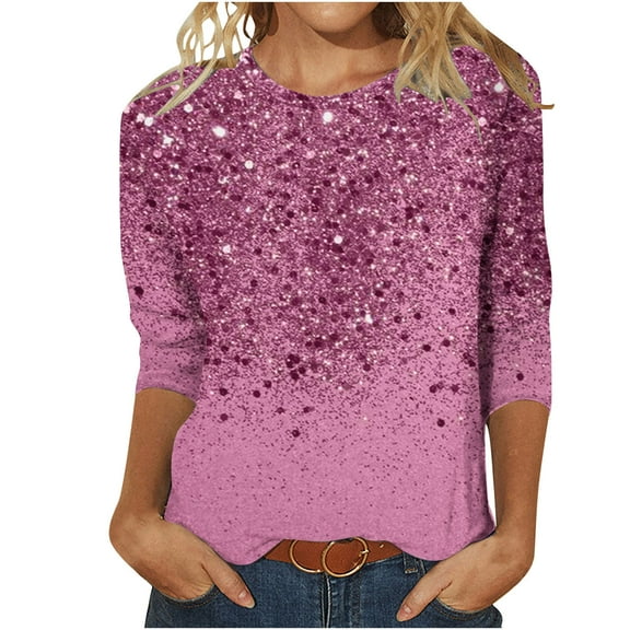Enjoytime Women's Blouses Sparkly Sequin Printed Round Neck 3/4 Sleeve Shirt Dressy Casual Party Concert Plus Size Womens Tops Pink M