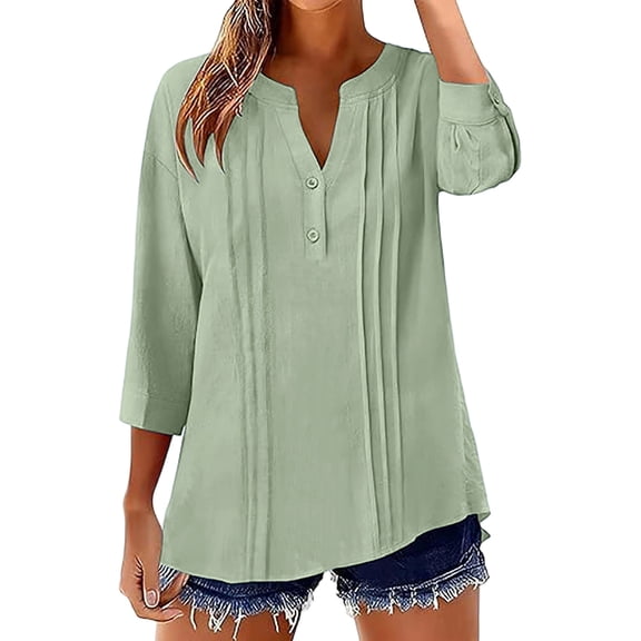 Enjoytime Women's Blouses Spring Summer Solid Color V-Neck Button Down Shirts Fashion Casual Vacation 3/4 Sleeve Tops Green S
