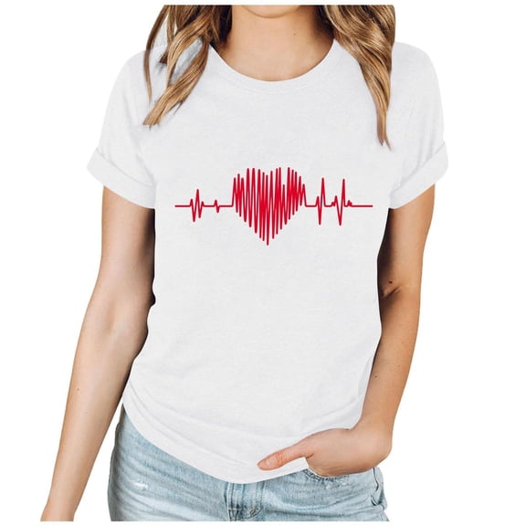 Enjoytime Women's Blouses Valentine Lover Heart Graphic Round Neck Short Sleeve Shirt Trendy Fashion Plus Size Tops White M